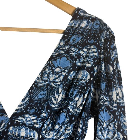 Caroline Constas Blue Printed 3/4 Sleeve V-Neck Long Dress Size Small - Picture 4 of 9